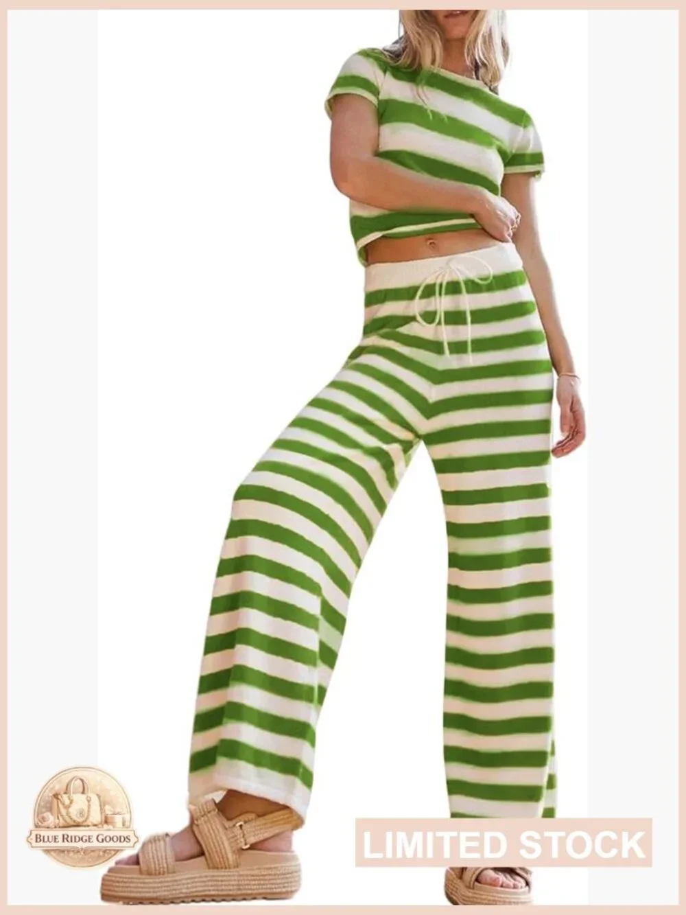 Two Piece Striped Lounge Set Crop Top Wide Leg Pants Knit Matching Sets Y2K